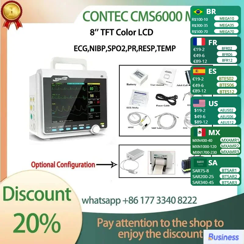 

CONTEC CMS6000 Adult Child Neonate Patient Monitor Vet Portable 6 Parameter ECG NIBP RESP SPO2 PR TEMP vital signs monitor