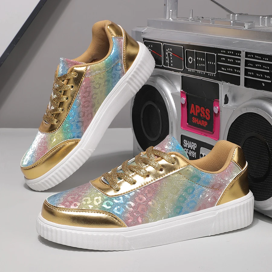 

New Trendy Women's Casual Sneakers Lace Up Sequins Thick Sole Breathable Lightweight Outdoor Platform Shoes Zapatillas Hombre