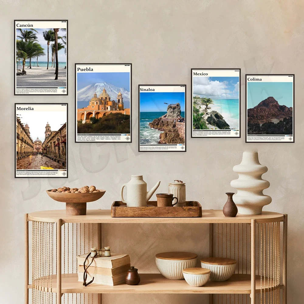 Tulum, Cancun, Guanajuato, Oaxaca de Juarez, Morelia, Puebla, Riviera Maya, Puerto Vallarta, Veracruz, Cartel de viaje de la ciudad de México
