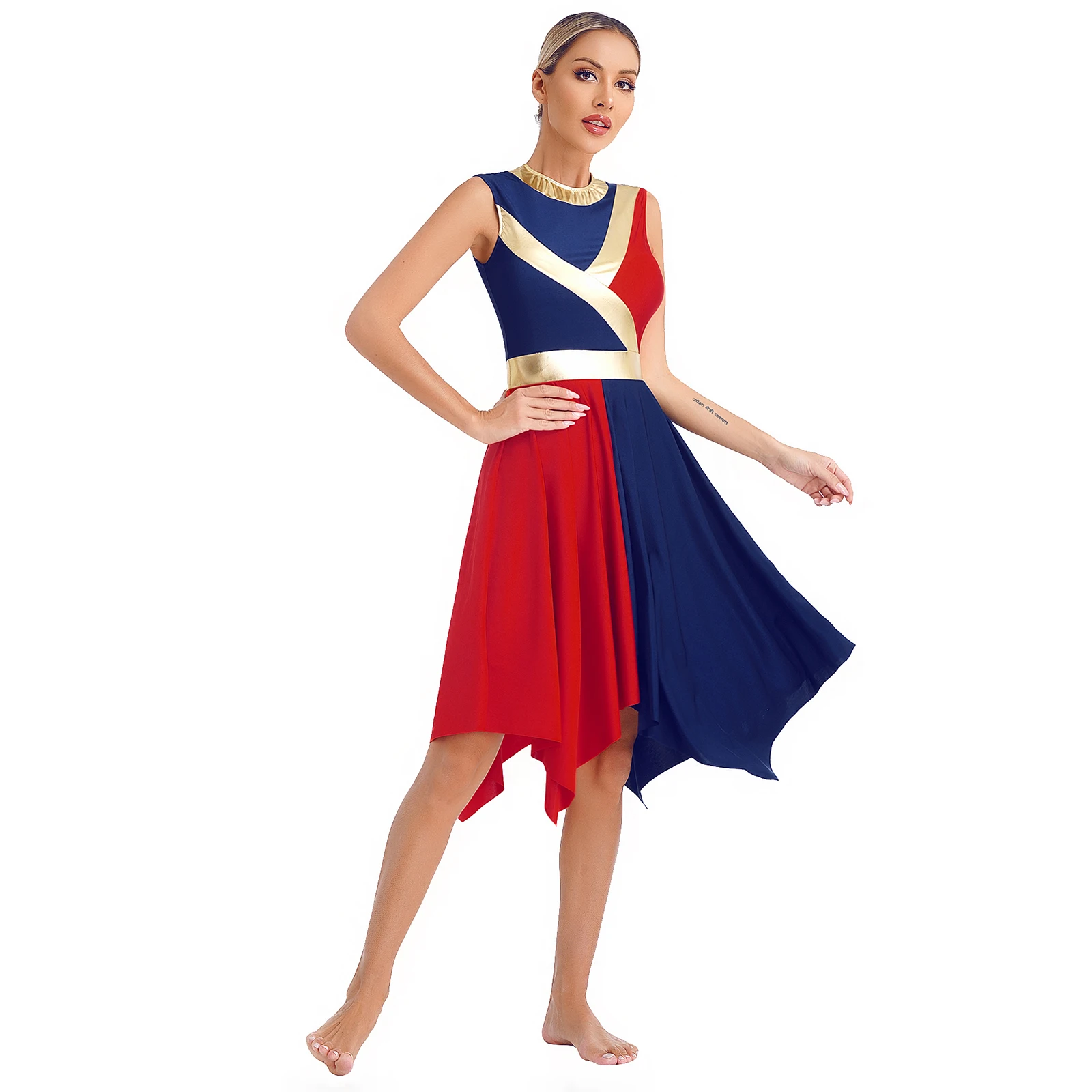 Womens Praise Liturgical Dance Dress Sleeveless Metallic Color Block Patchwork Dresses Worship Lyrical Dance Costume Dancewear