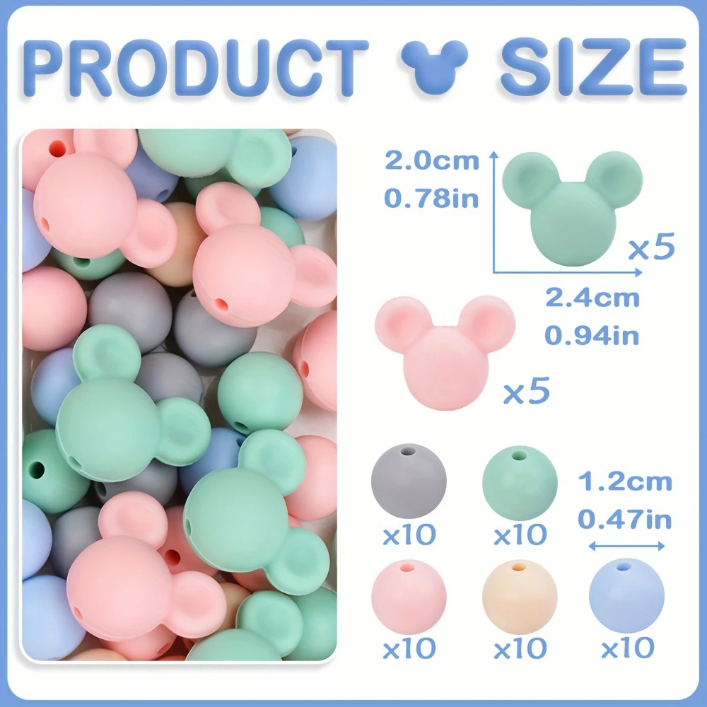 LOFCA 60 Pcs Mouse And Round Shape Silicone Beads 12mm Loose Silicone Beads For Making Necklace Making Jewelry accessories