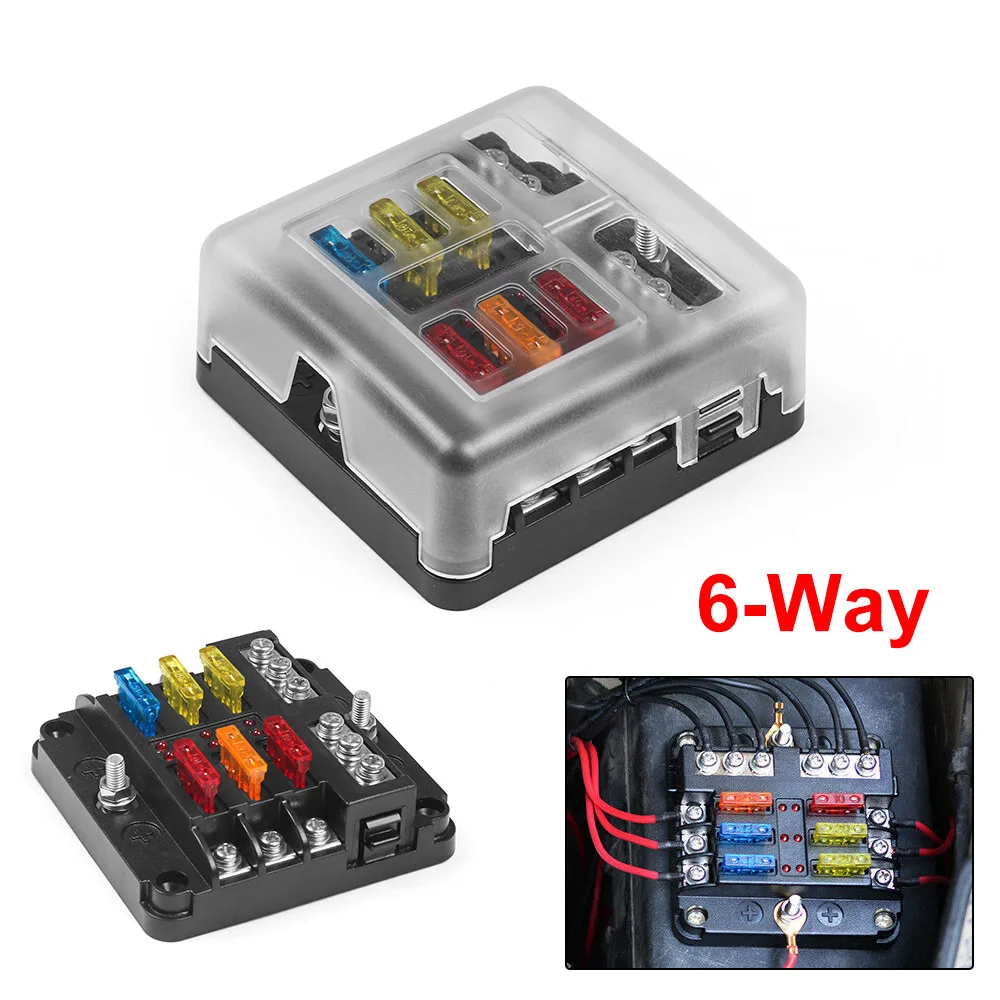 6-Way＆12-Way Car Boat Blade Fuse Box Block Holder LED Indicator 12V 32V Auto Marine Waterproof Power Distribution Panel Board