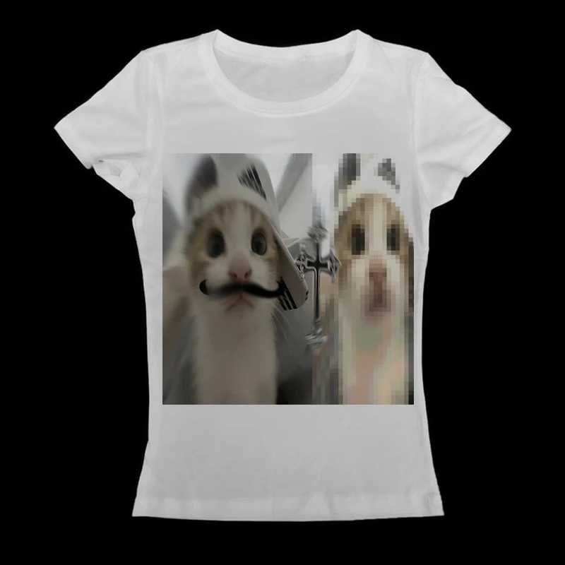 Women White Slim T-Shirt Funny Mustache Cat Question Mark Japanese Text Meme Print Tee Y2K Gothic E-girl Streetwear Short Sleeve