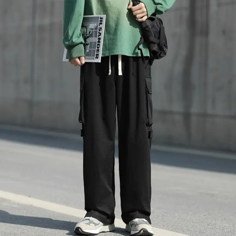 Spring Autumn Fashion Elastic Waist Solid Color Casual Men's Clothing Straight Loose Pocket High Waist Drawstring Cargo Pants