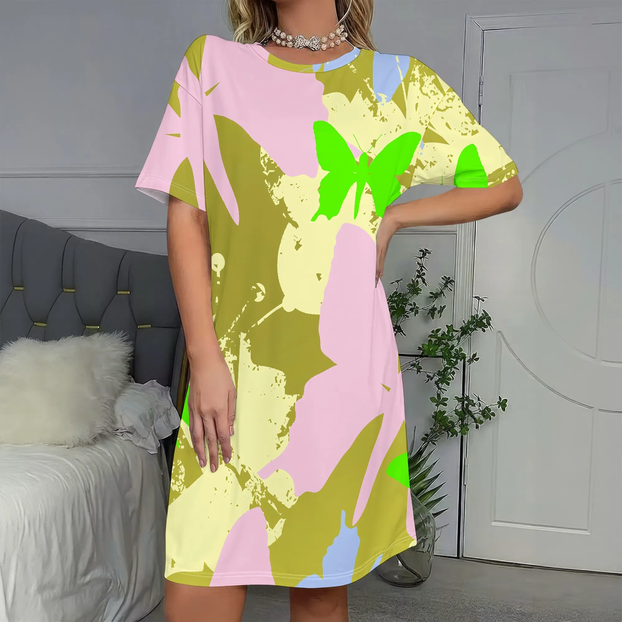

Neon Butterfly, Abstract Print Dress, Short Sleeve T-Shirt Dress, Pastel Color Block, Loose Fit Casual Wear for Women, S-2XL