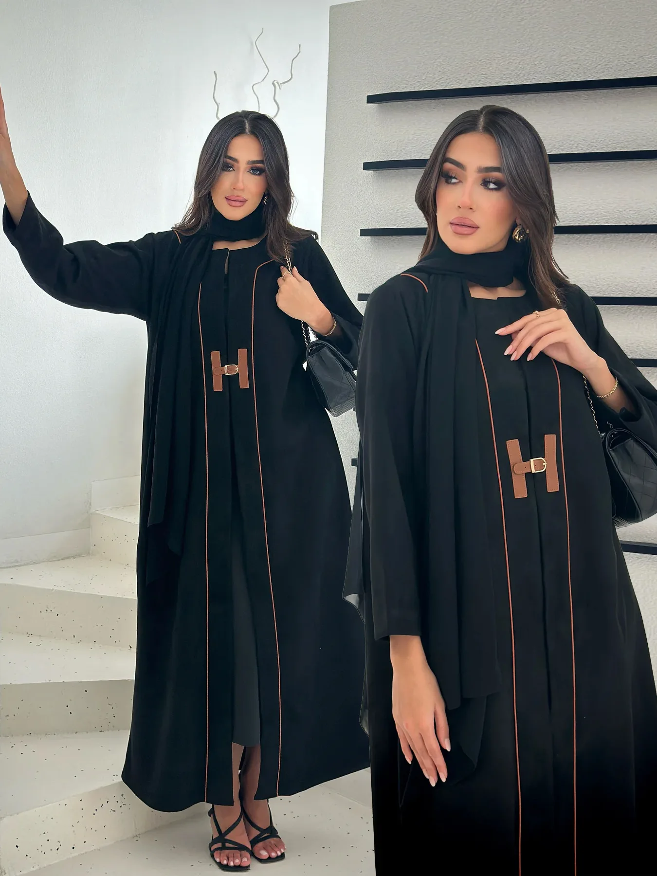 

Sophisticated Abaya Modest Longsleeve Floorlength Dress MiddleEastern Belted Embroidered Abaya Versatile Resort Chic Dress
