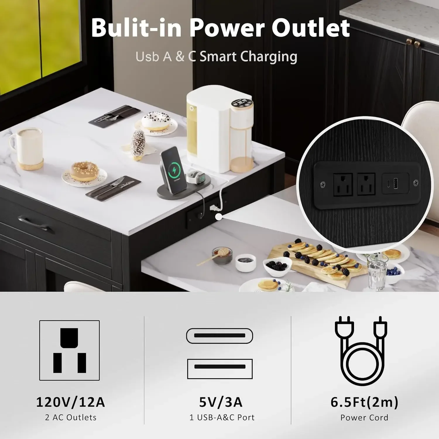 82.7'Faux Mable Kitchen Island with Double-Sized Storage, Kitchen Island with Extendable Dining Table for 4-6 Person