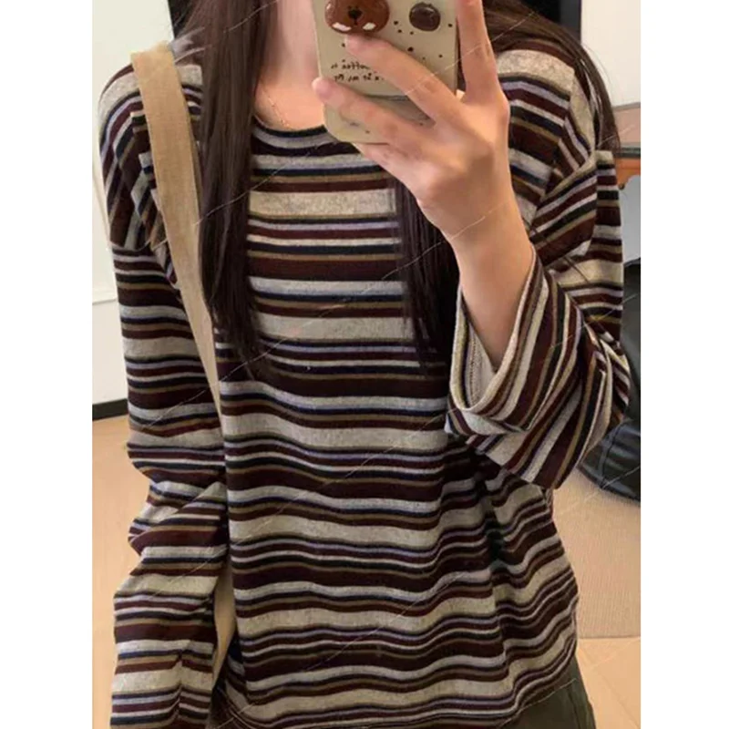 Y2K Striped Shirt Women Korean Retro Contrast Long Sleeve Loose Top Early Autumn Commuting Base
