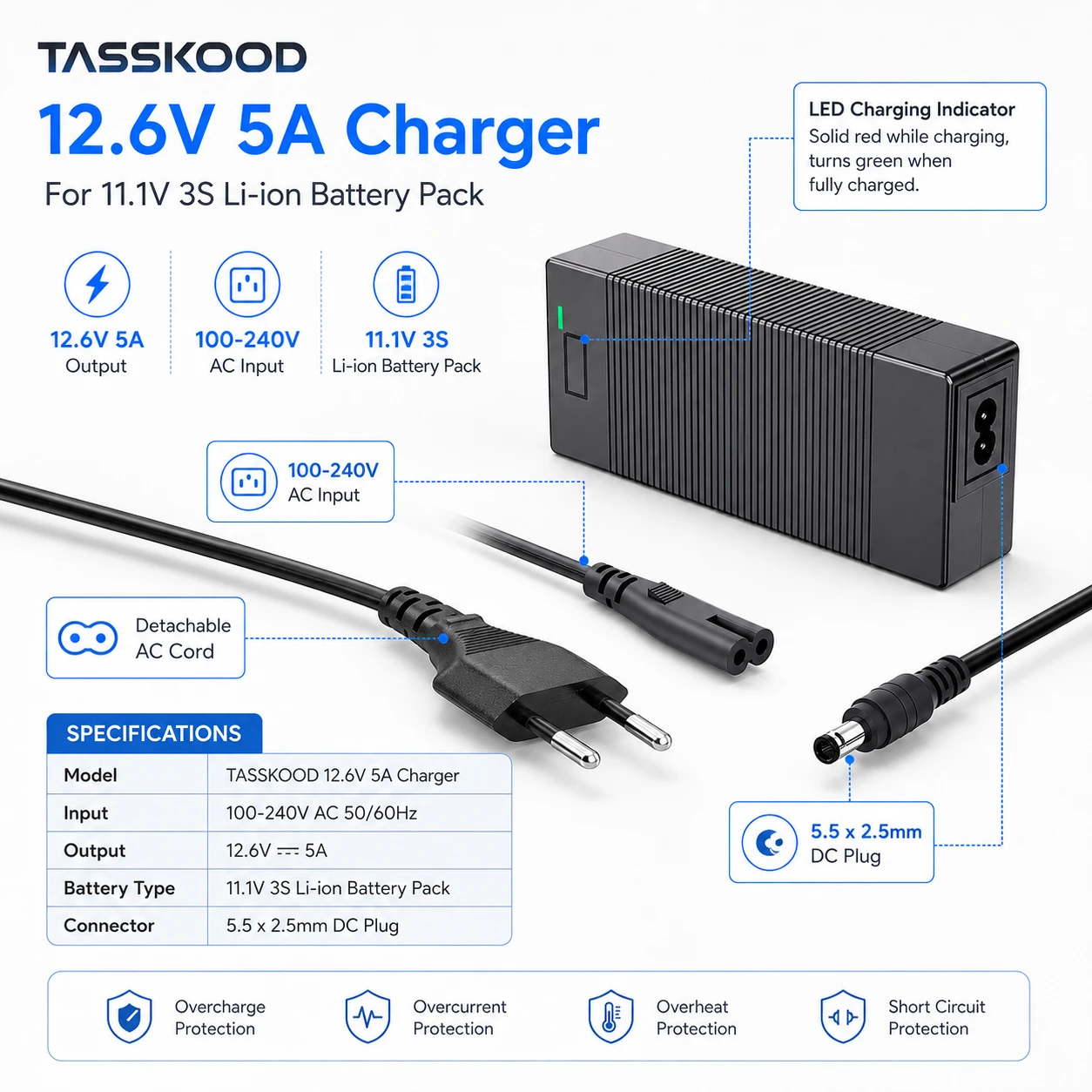 12.6V 5A Lithium Battery Charger for 11.1V 10.8V 3S Li-ion Battery Pack 63W AC 100-240V CC CV Charging Adapter LED Indicator