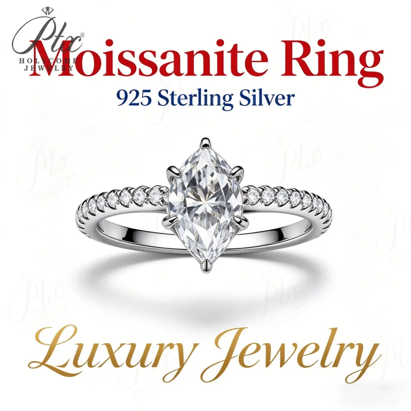 Moissanite Ring 925 Sterling Silver Marquise Round Cut D Color Black Grey VVS1 GRA Certified Factory Direct Sale Hypoallergenic