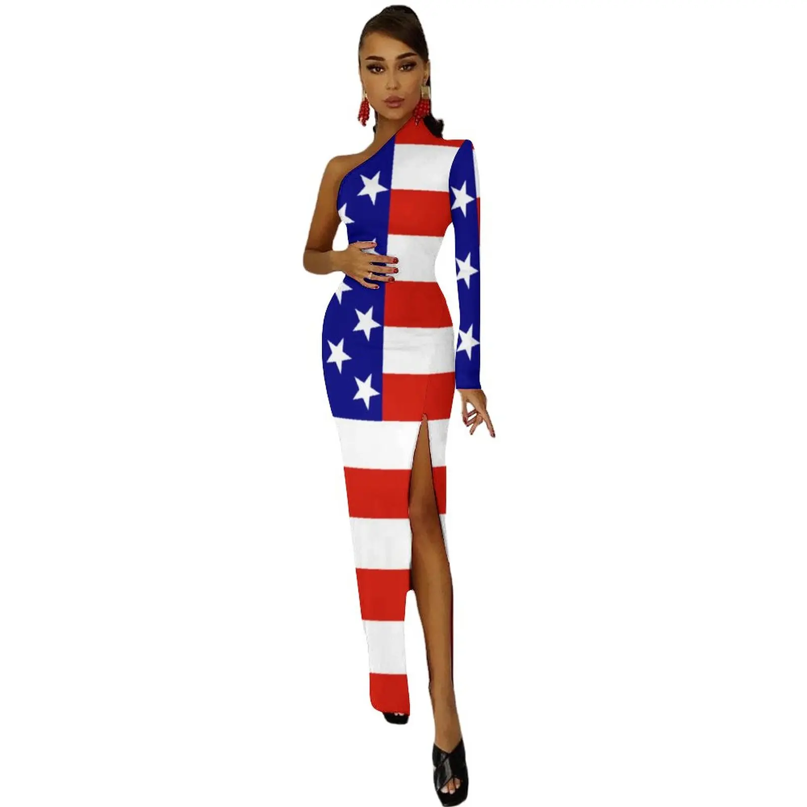 USA Flag Print Maxi Dress Long Sleeve Blue Stars Stripes Streetwear Bodycon Dresses Summer Side Split Cute Dress Women Clothes