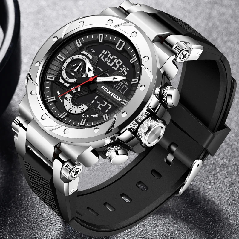 LIGE Brand Fashion Electronic Man Watch Military Silicone Casual Sport Waterproof Watches for Men Dual Digital Display Clock+Box