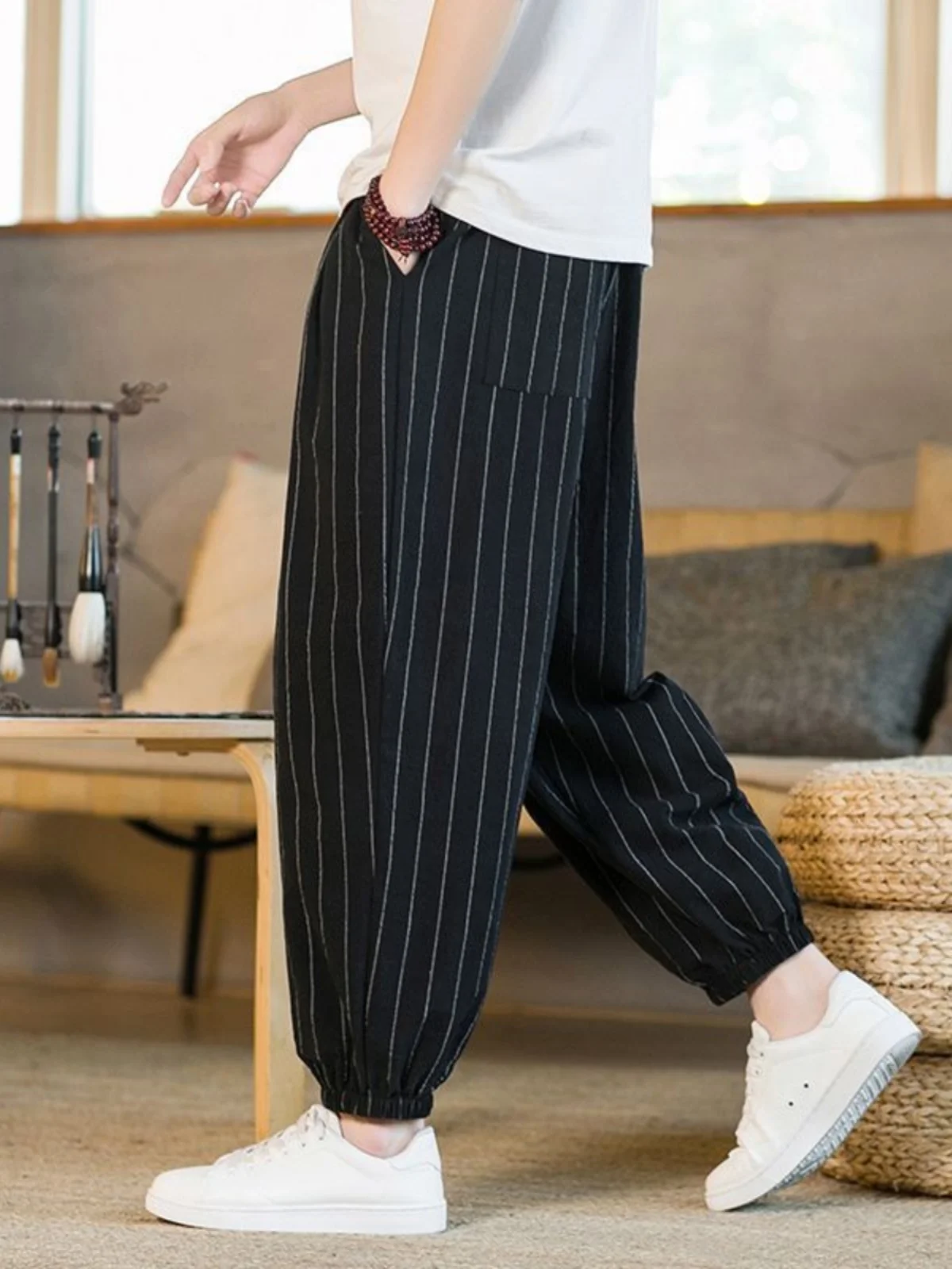 

Loose Fit Linen Men's Casual Pants Striped Thin Autumn Spring Wide Leg Nine Points Casual Trousers Trendy Japanese Sle