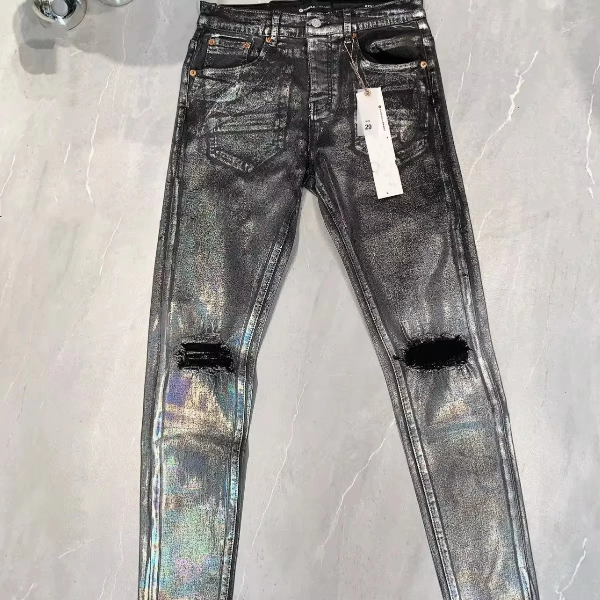 New top quality Purples jeans man with distressed hole patches Fashion Repair Low Rise Skinny Denim Trendy Black pants