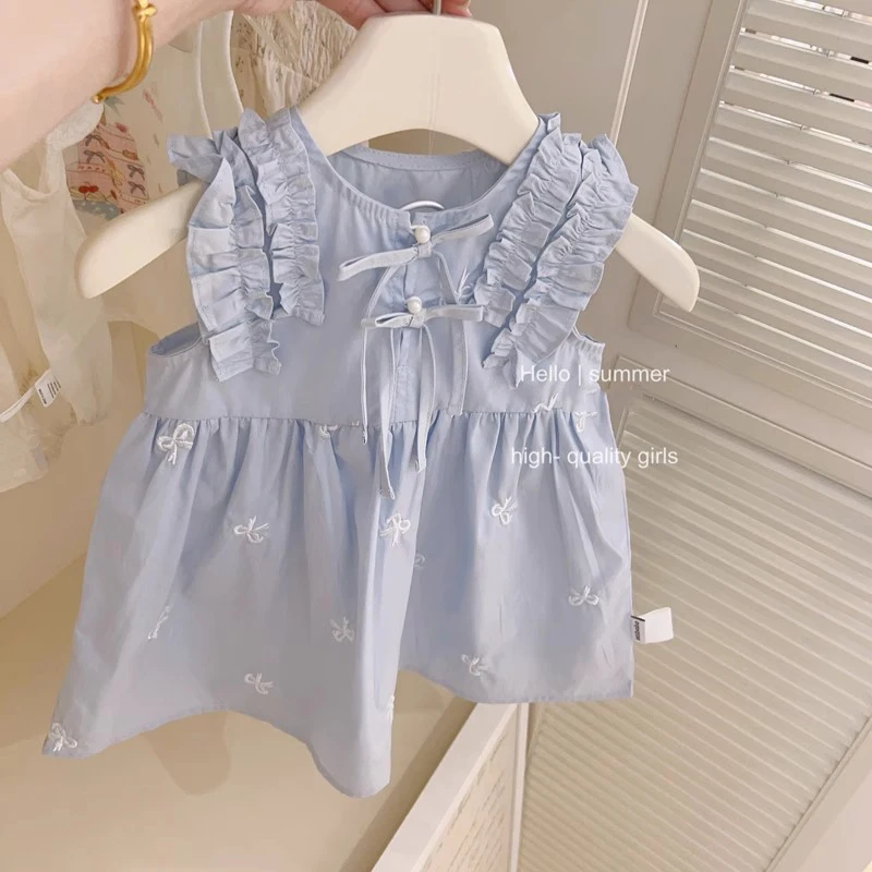 Kids Girls Summer Blue Dress Ruched O-neck Sleeveless A-line Soft Vestidos 2-8Y Children Embroidery Bows Princess Dresses