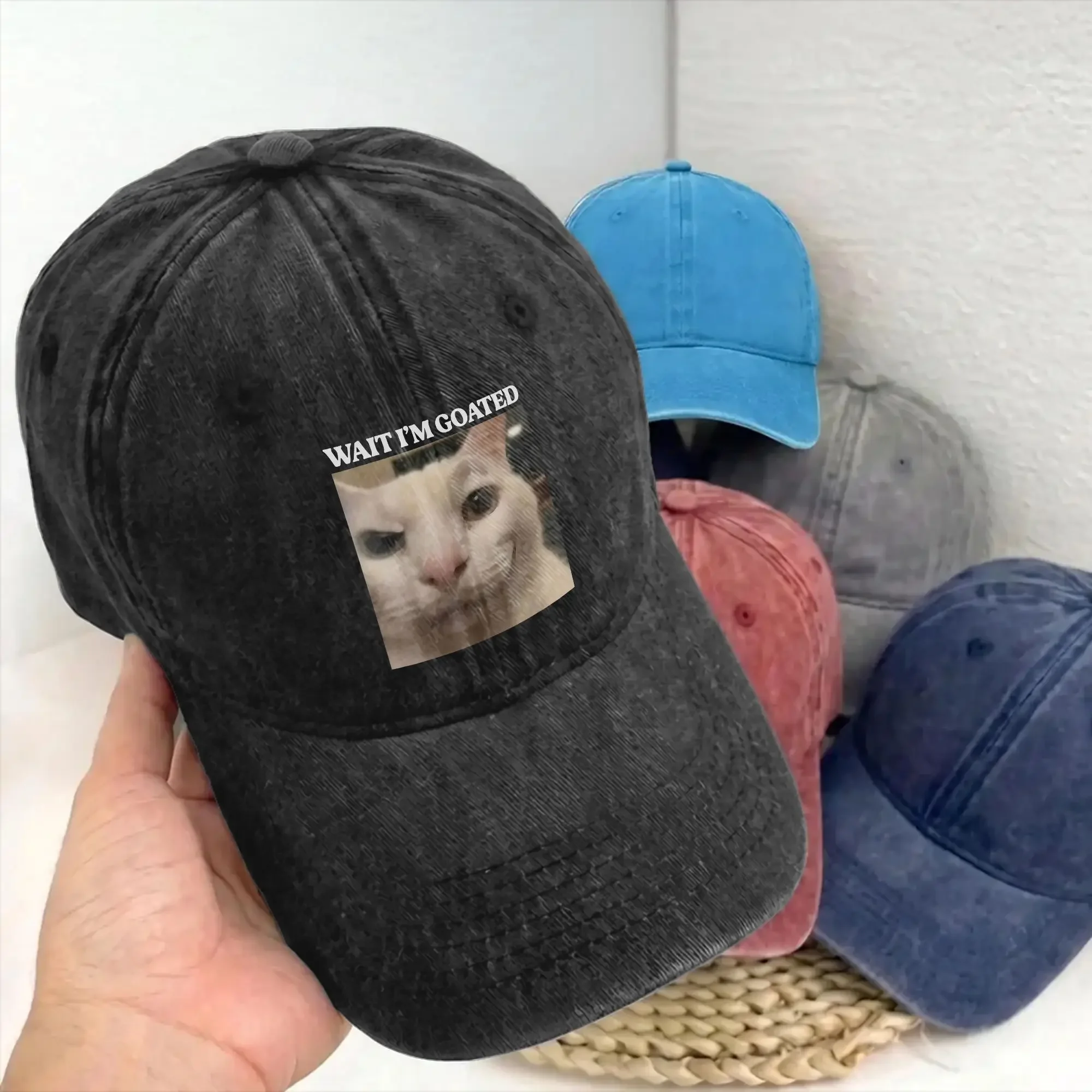 Wait I'm Goated Cat Silly Meme Baseball Caps Unstructured Unisex Funny Distressed Denim Washed Snapback Travel Adjustable Hat