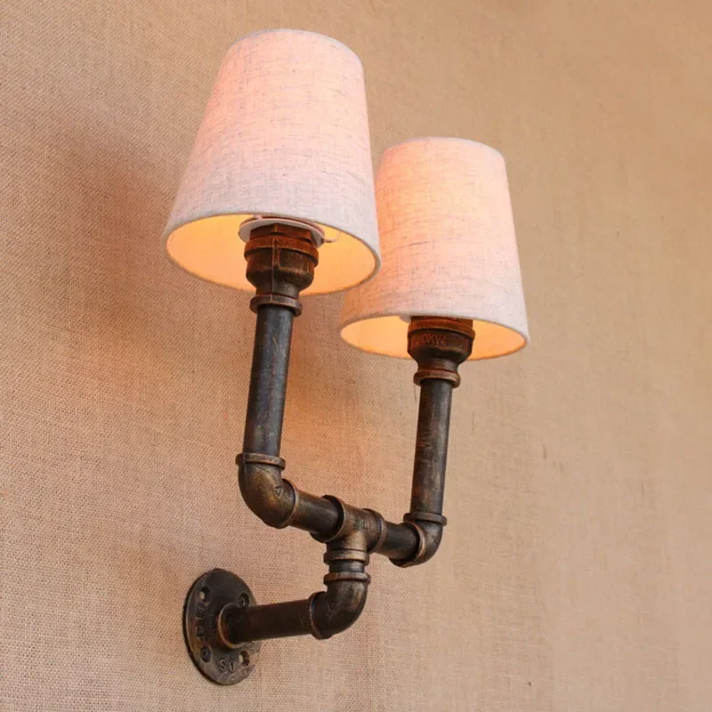 2 lights iron Water pipe fabric vintage loft wall lamp bedside with edison/led bulb lights for bedroom/living room/bar/cafe
