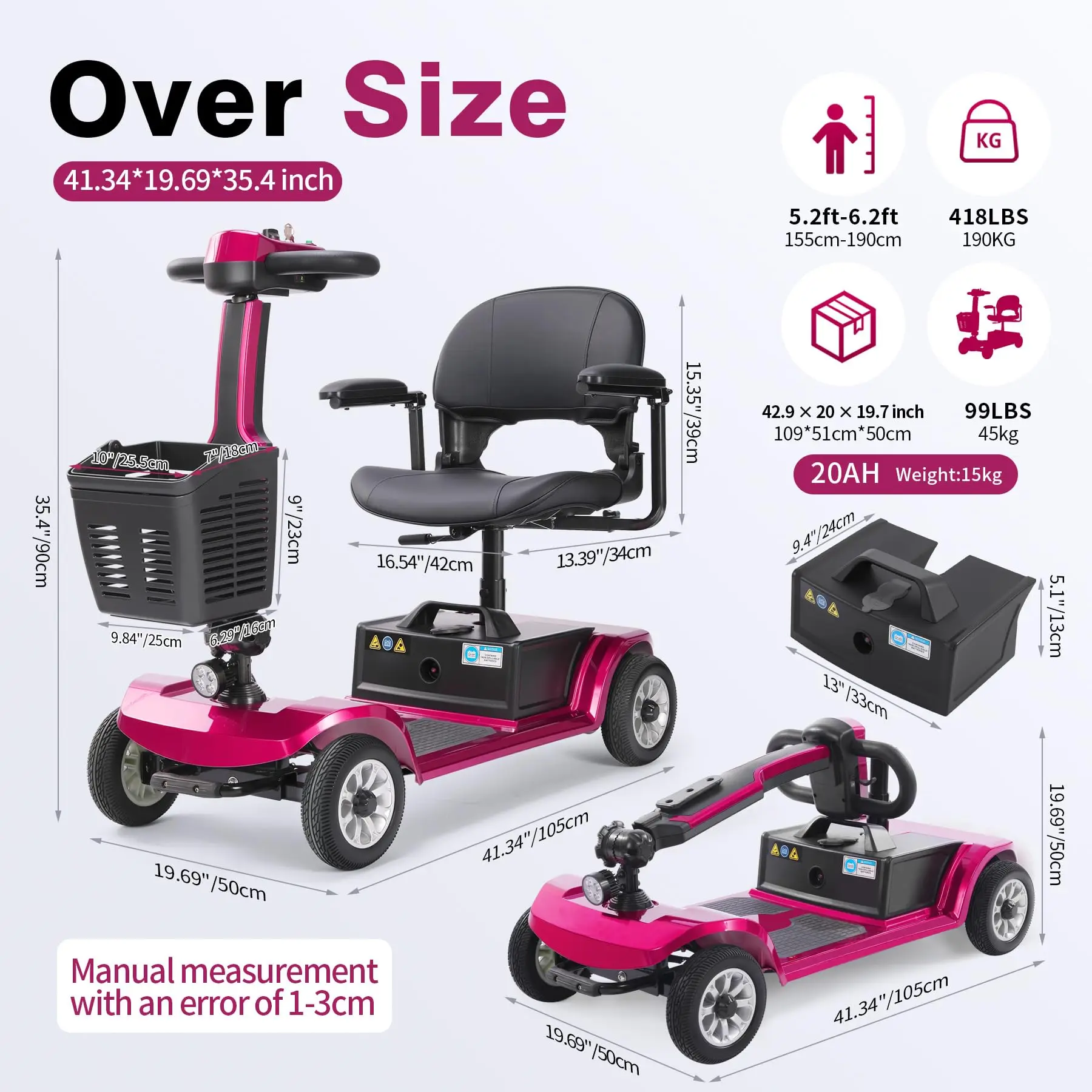 Unificare 4‑Wheel Foldable Mobility Scooter 20AH Detachable Battery Dual Manual‑Drive Modes Electromagnetic Brake 12° Climb 190KG Load Anti‑Puncture Solid Tire 360° Swivel Seat for Seniors Disabled Travel Shopping
