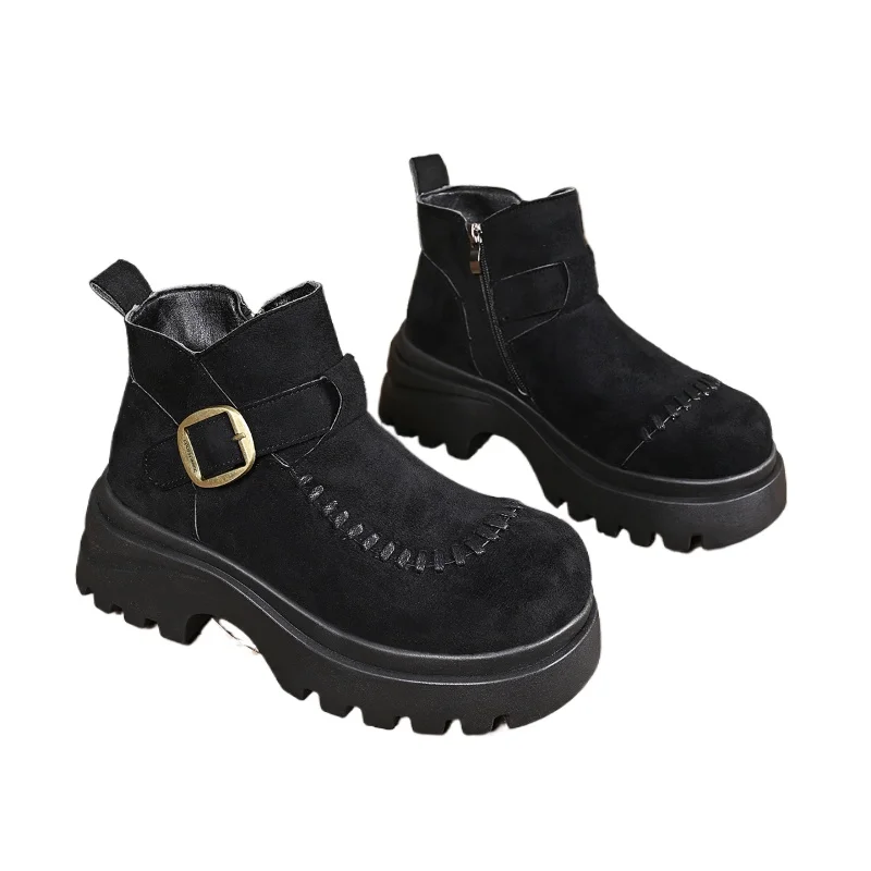 New Winter Platform High Heel Boots for Women Fleece Lined Warm Fur Boots Woman Streetwear Zip Buckle Strap Detor Booties 35-40