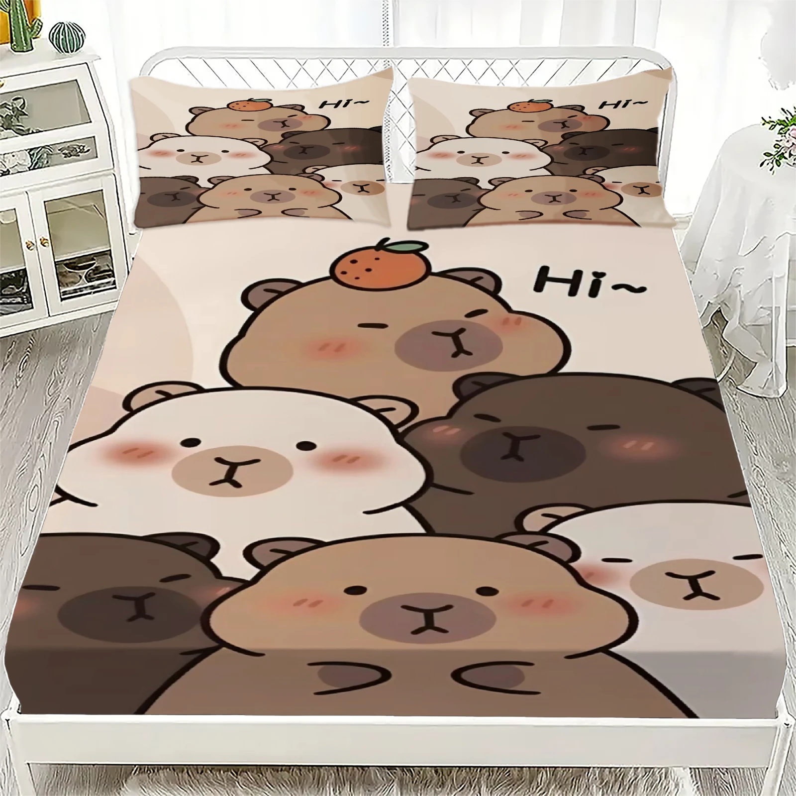 1pc Lovely Capybara Fitted Sheet 3D Print 100%Polyester Sheet Durable Machine Washable for Home Bedding Decoration NO Pillowcase