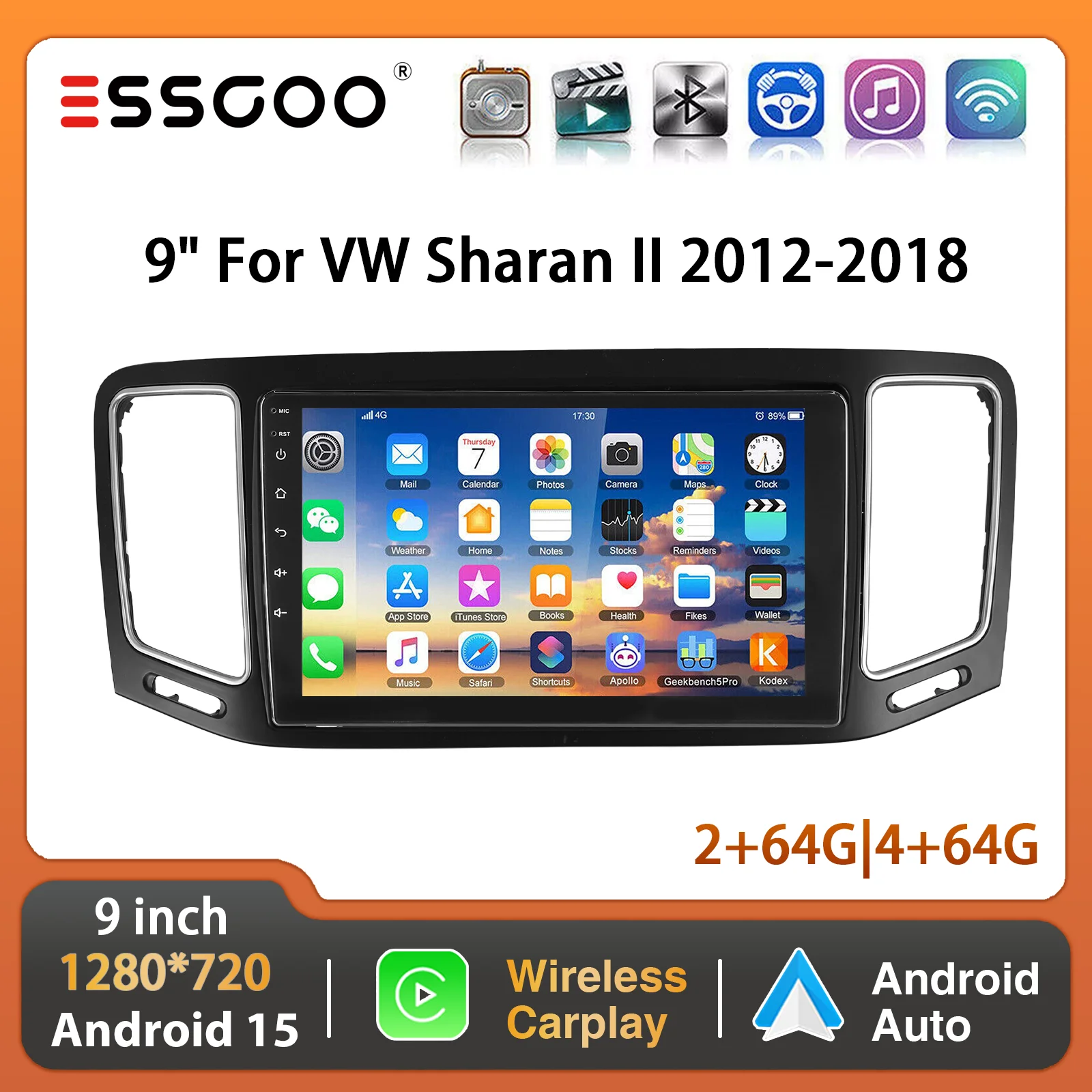 ESSGOO 9" 4+64GB Android 15 Autoradio mit CarPlay für VW Sharan 7N Seat Alhambra II 12-18 Touchscreen GPS Navi BT Mirror Link