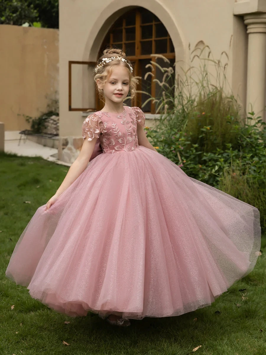 Vestidos de tul con cuello redondo para niña, vestidos de flores con Apliques y lazo de satén, vestidos elegantes para niña, vestido de fiesta de casamento