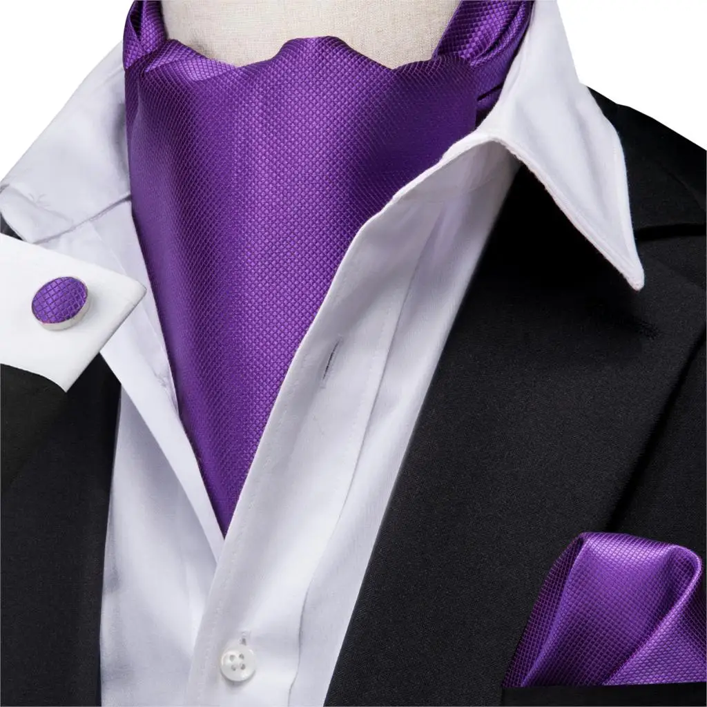 Men Silk Ascot Ties Solid Purple Cravat Formal Ties Pocket Square Cufflinks Set Gift for Father/Husband Hi-Tie AS-1001 Wholesale