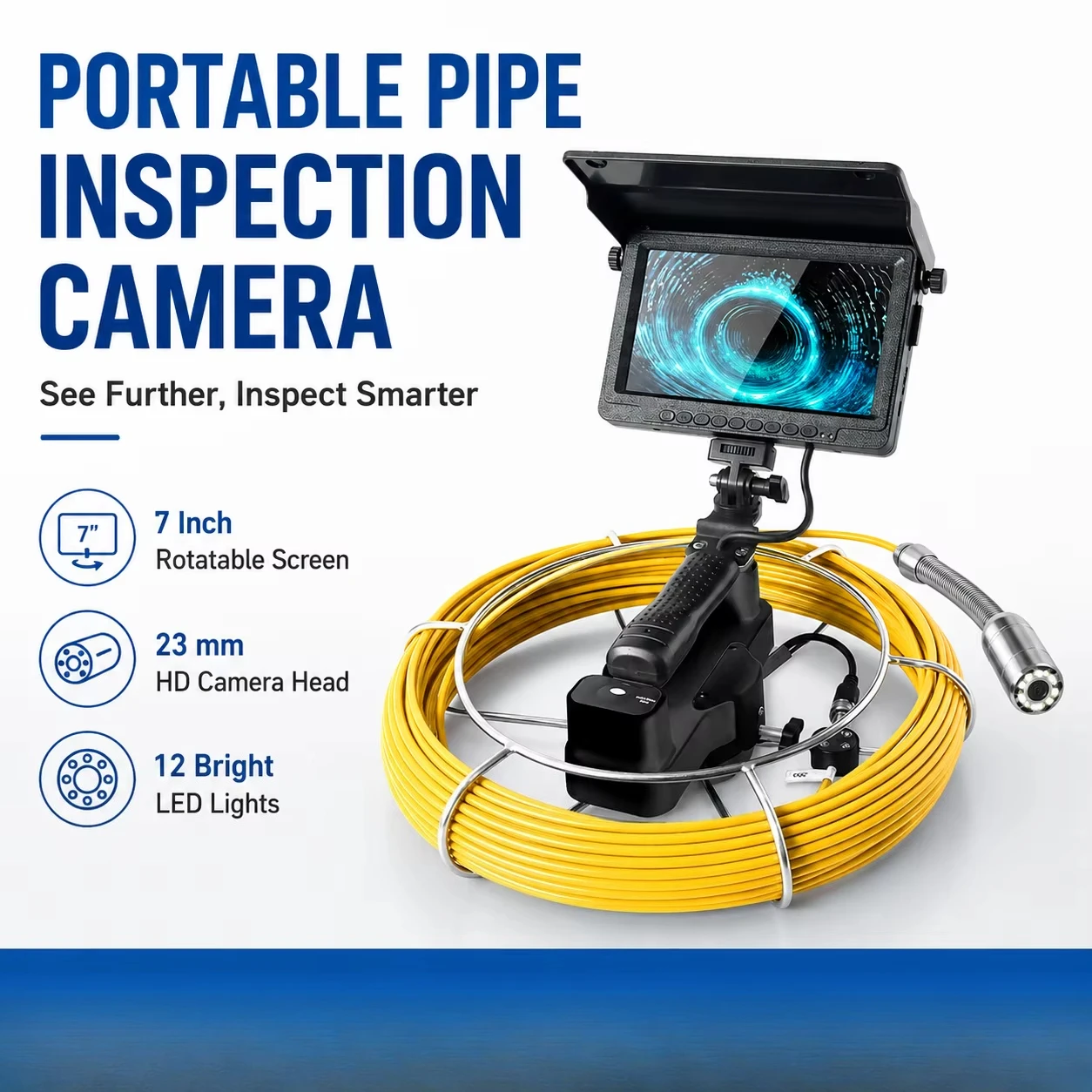 Portable Plumbing Inspection Camera 30m Cable Reel 7 Inch Monitor 12 LED Small Pipe Sewer Drain Camera System