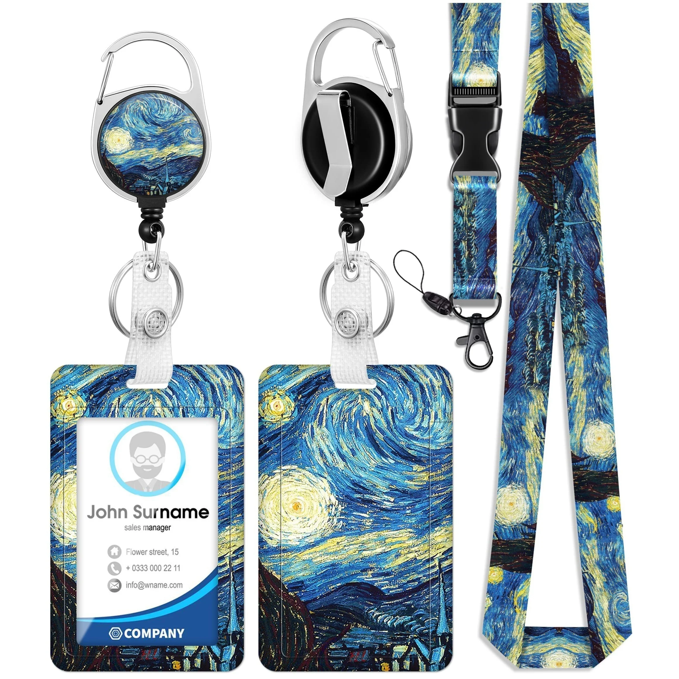 

ID badge clip, belt clip with lanyard and retractable badge reel, art night painting keychain lanyard clip