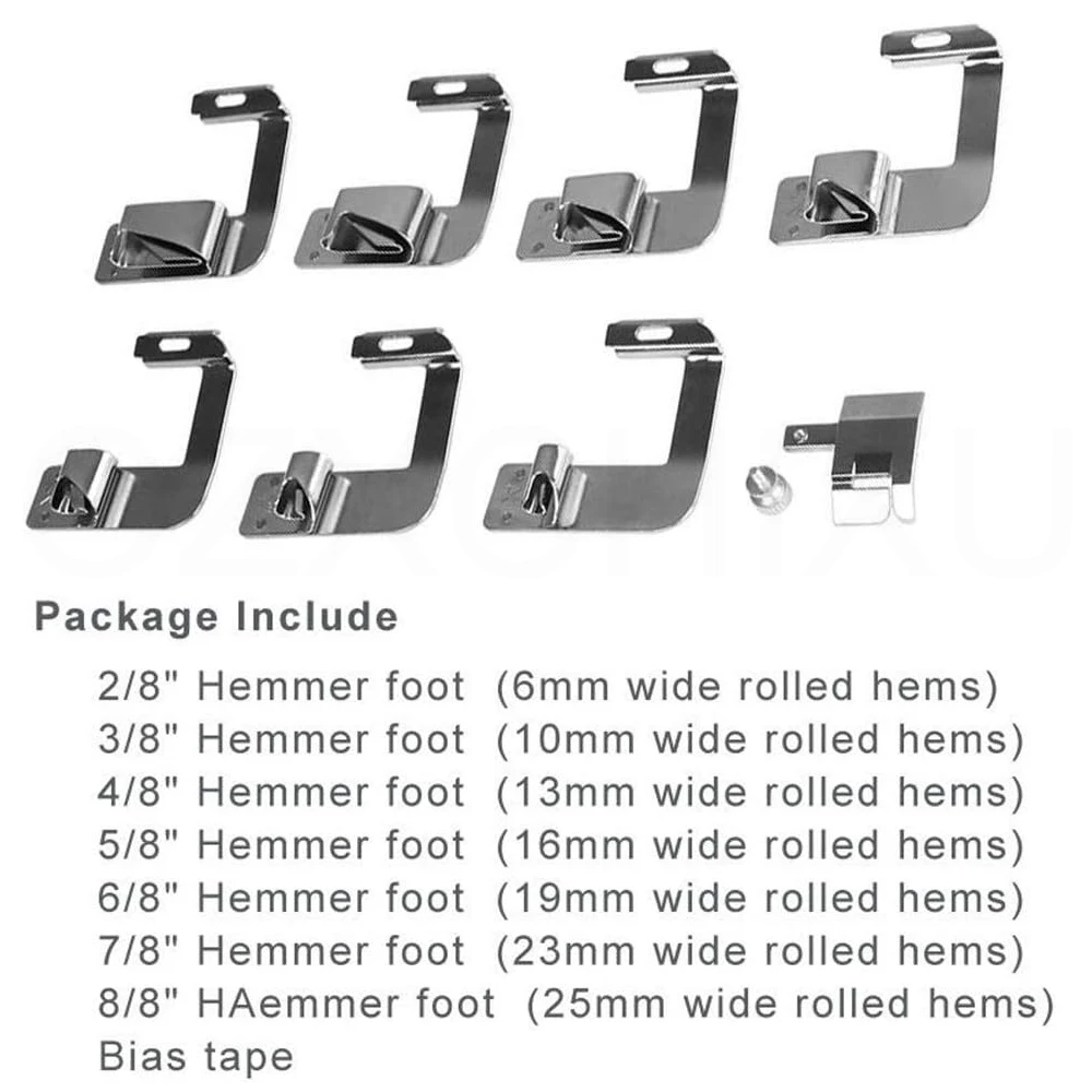 7pcs Adjustable Rolled Hem Foot Sewing Machine Presser Foot Hemmer Foot Set for Singer Brother Janome Babylock Juki Accessories