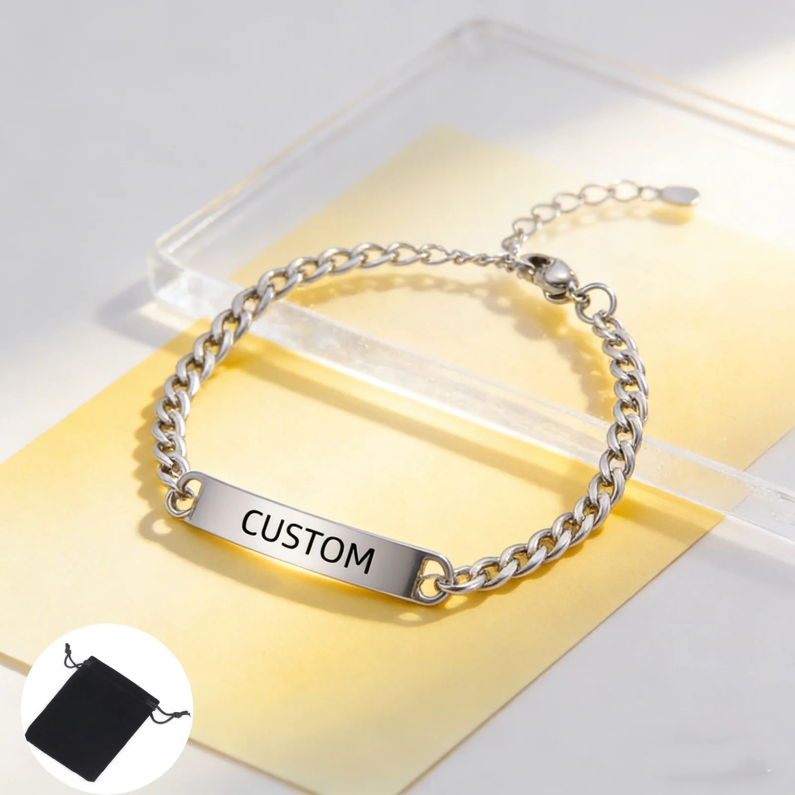 Customized Name Text Date 5MM Cuban Chain Bracelet Stainless Steel Personalized Carving Name Bracelet Men's and Women's Jewelry