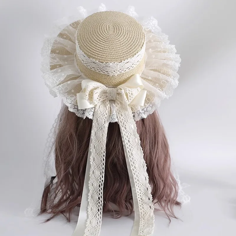 Harajuku النساء البراري شيك القش قبعة الشاطئ قبعة الشمس اليدوية الفتيات الحلو لوليتا نمط تأثيري Kawaii مقوس دانتيل الشريط قبعات من القش