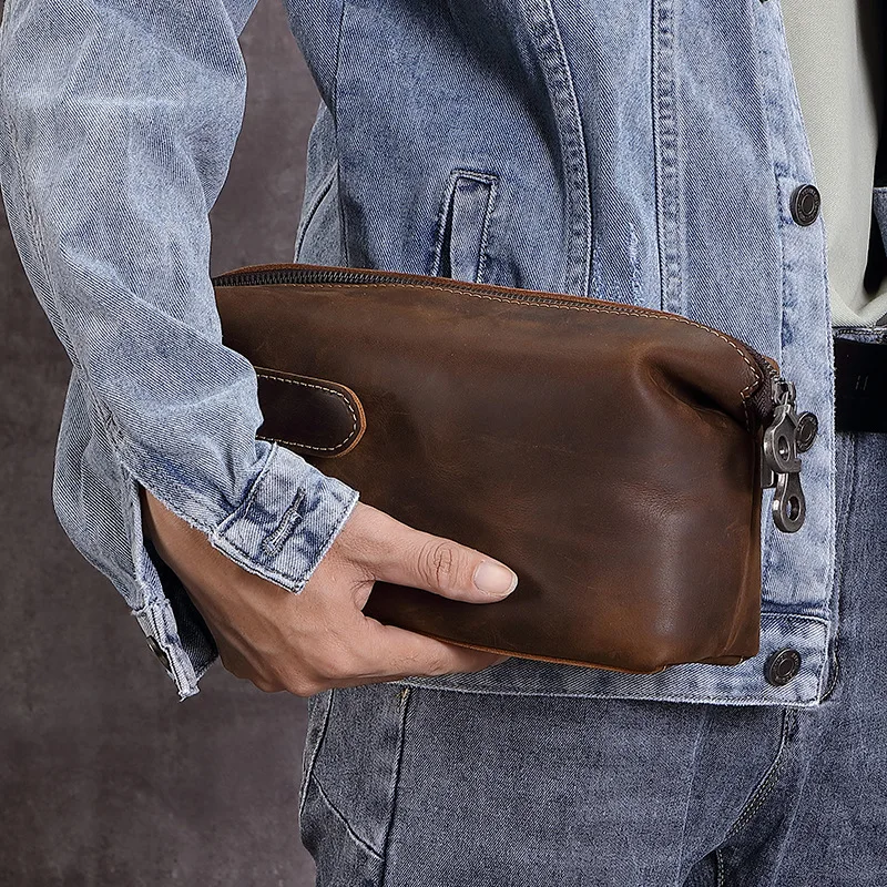 Cowhide hand-held large-capacity storage bag for men, genuine leather toiletries, crazy horse leather retro makeup bag for women