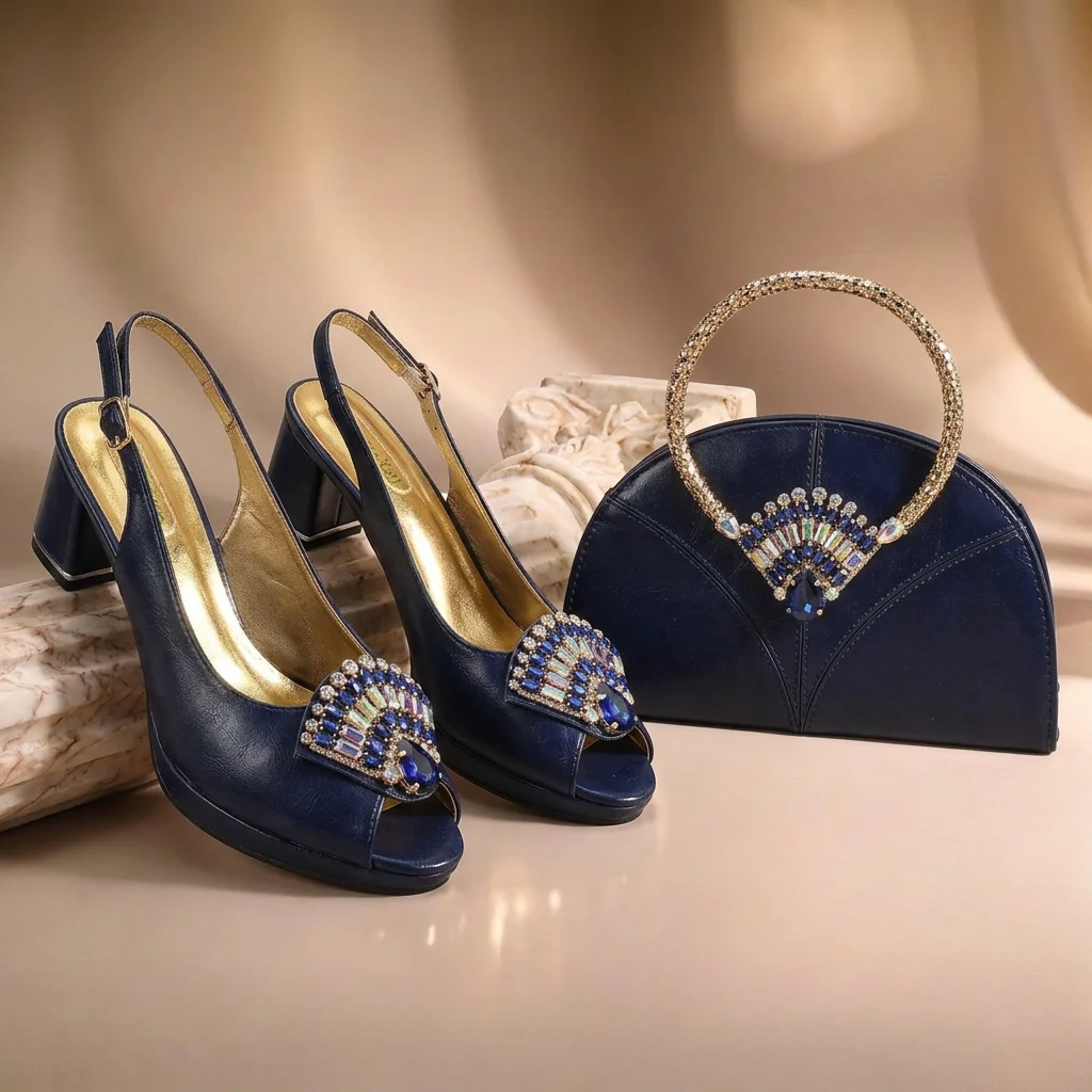 2026 New Itlian Design Dark Blue Platform Slingback Heels with Handbag Set Shiny Crystal Embellished Ladies Shoes Bag for Party
