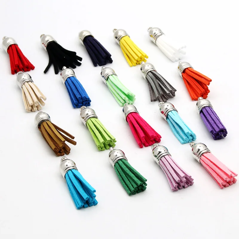 Silver Color Caps Suede Faux Leather Tassel 10pcs 38mm Charm For Jewelry Making DIY Key Chain Cellphone Straps Pendants Supplies