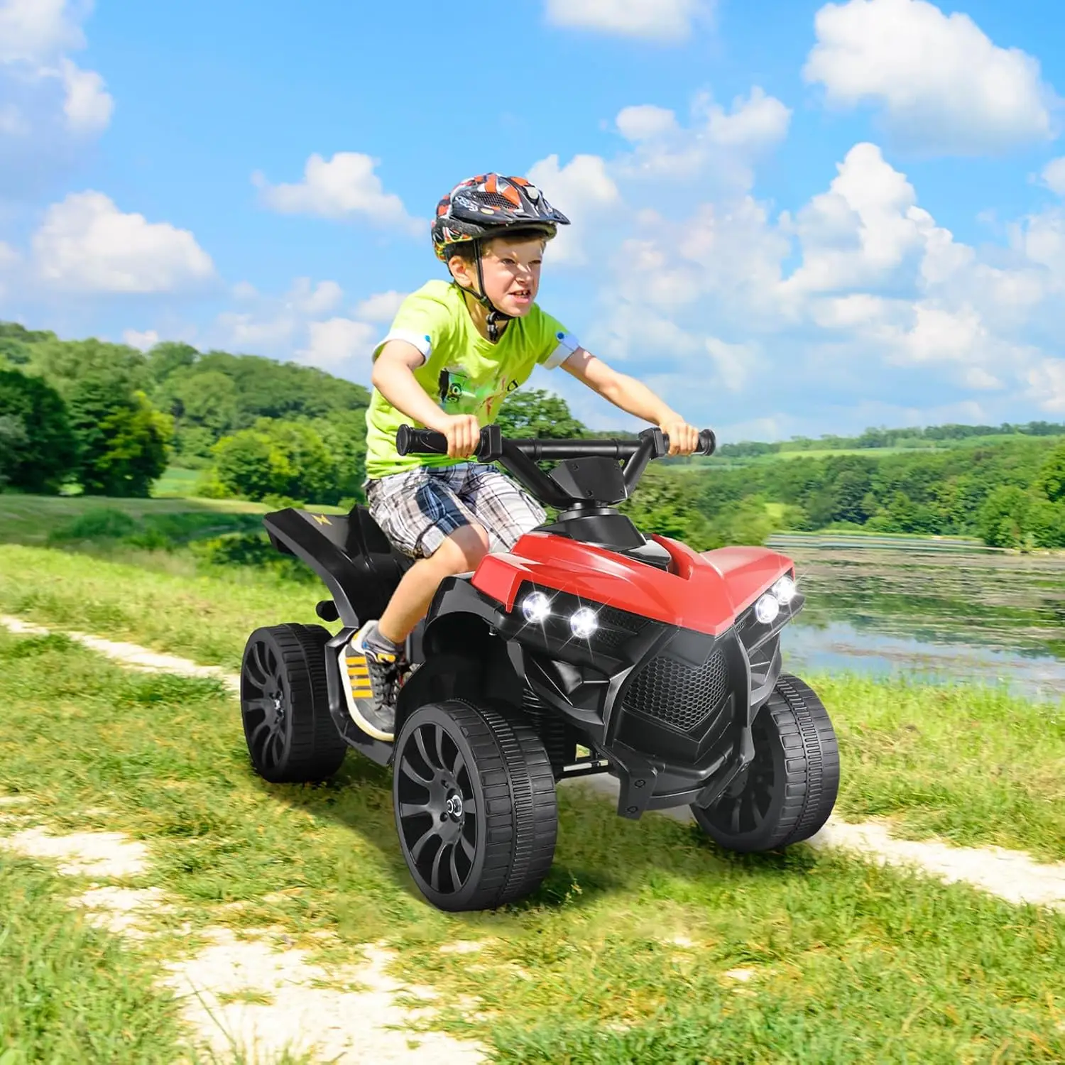 Kinder fahren auf ATV, elektrisches Gelände-Quad-Auto, 6 V, batteriebetrieben, mit Musik, Licht, Rot