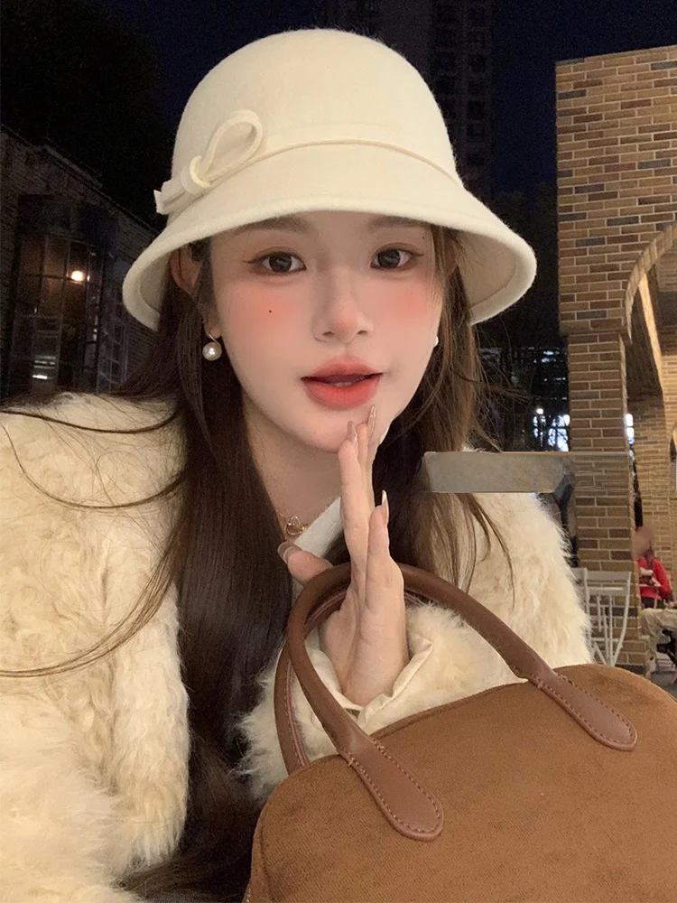 Hebe Style Woolen Fisherman Hat Women's Autumn Winter Large Head Size Small Face Flattering Bowler Hat Elegant Fashion Accessory