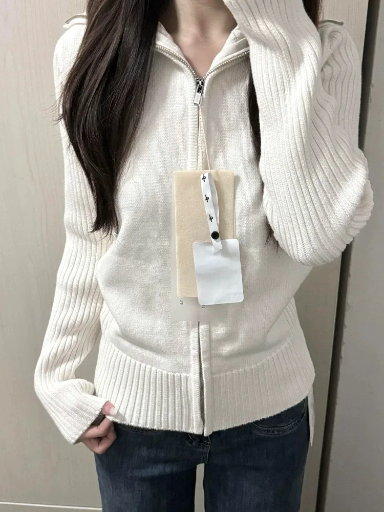 

Korean Sle White Zipper Knitted Sweater Women's Early Spring Autumn New High-End Feelings Top Open Cardigan Coat