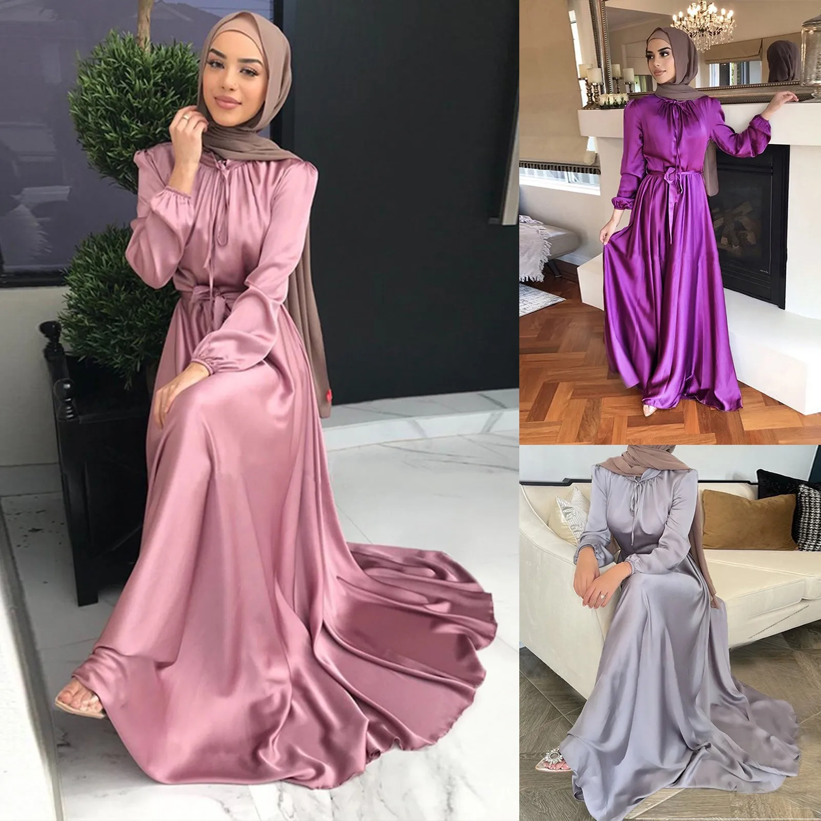 Muslim Fashion Hijab Satin Dress Ramadan Abaya Dubai Elegant Turkey Evening African Islamic Dresses for Women Arabic Kaftan Robe