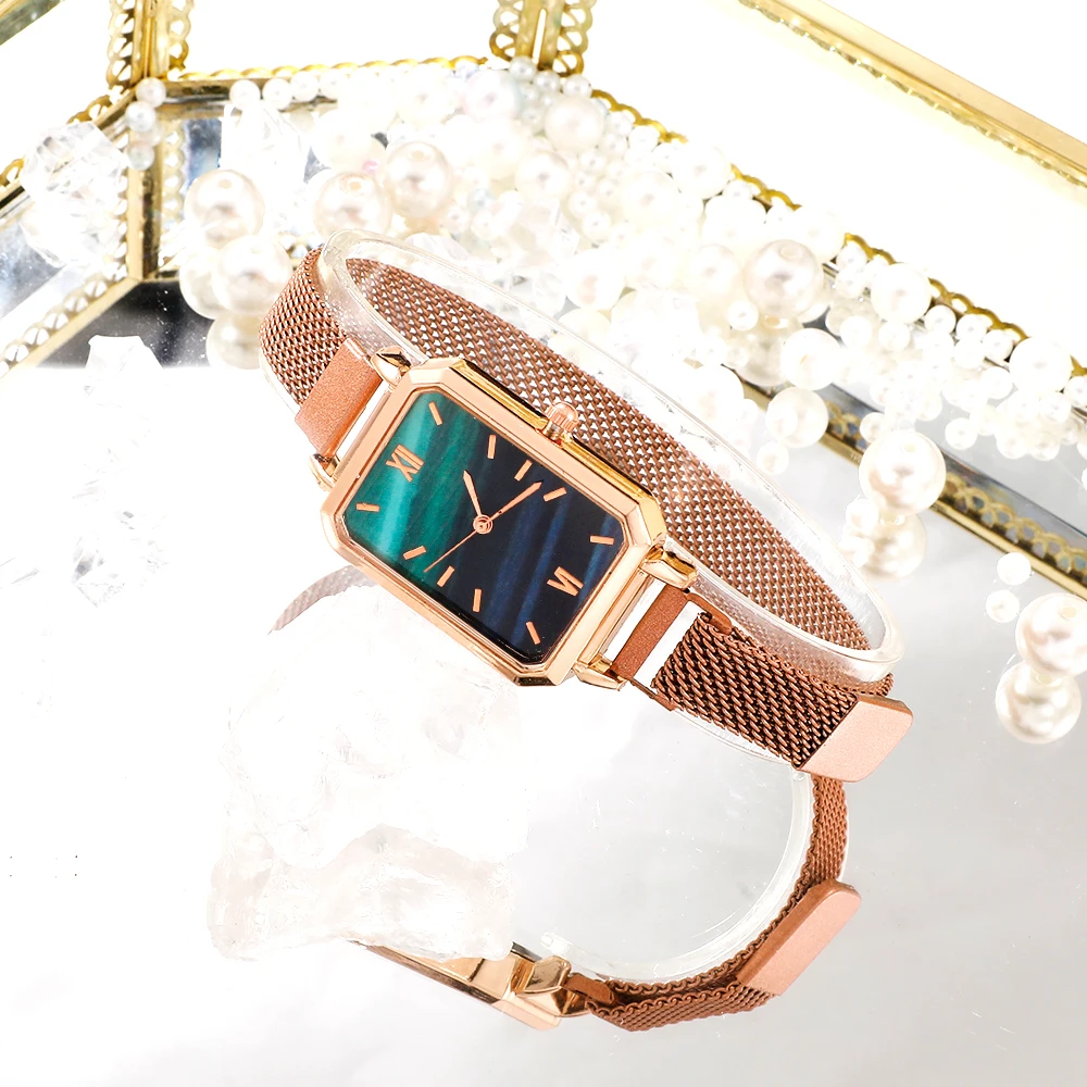 Women Watches Fashion Square Ladies Quartz Watch Bracelet Set Green Dial Simple Rose Gold Mesh Luxury Women Watches