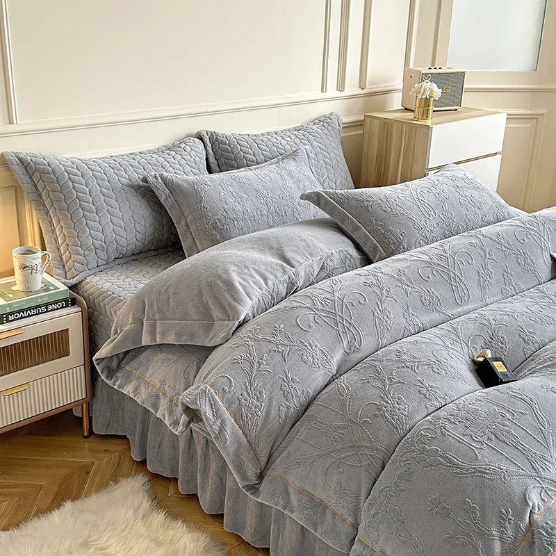 2024 new milk fleece three-dimensional carved padded bed cover four-piece set fluffy and breathable