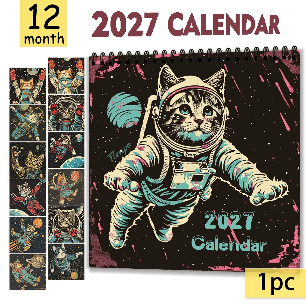 1pc 2027 Space Astronaut Cat Wall Calendar,12‑Month Planner,Gift For Back‑to‑School,Christmas,New Year,Free Stickers Included