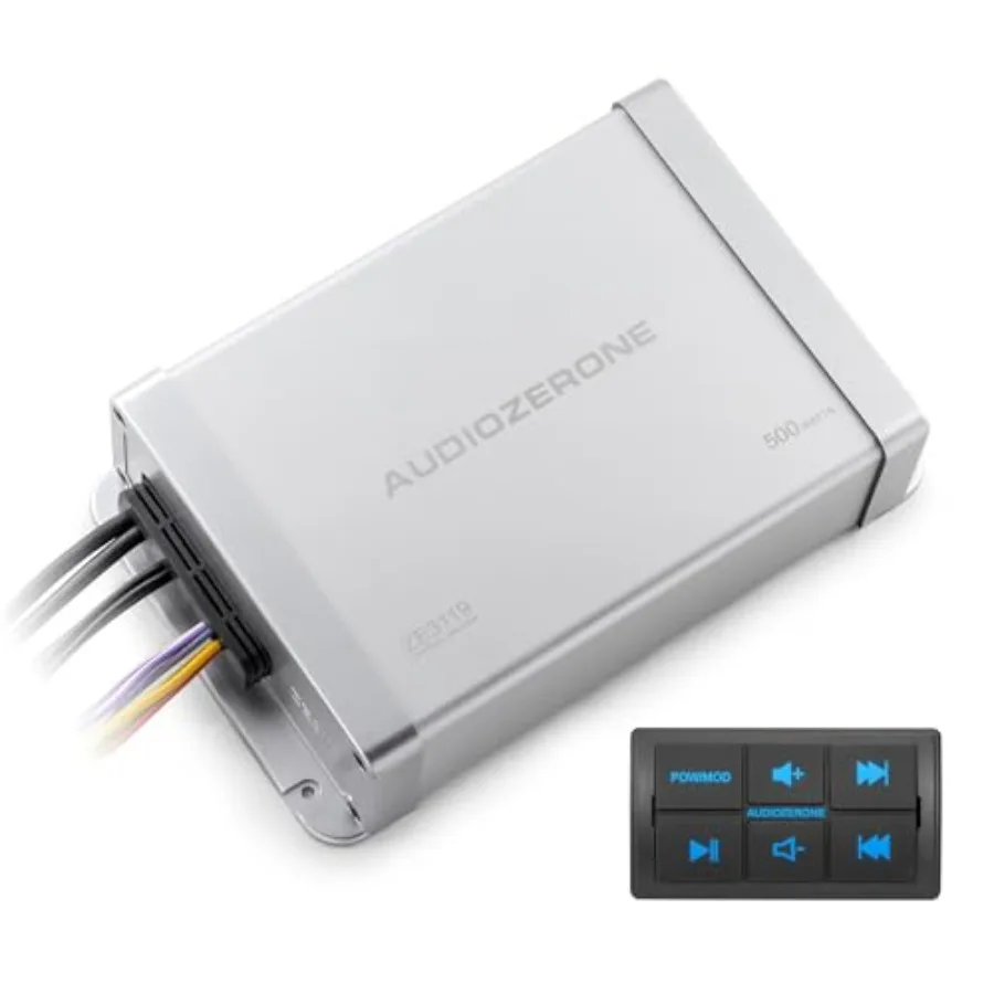 

Marine Bluetooth Amplifier for ATV/UTV Audio System, Waterproof Aluminum Housing, Silvery, Class D 4-Channel Output with Remote