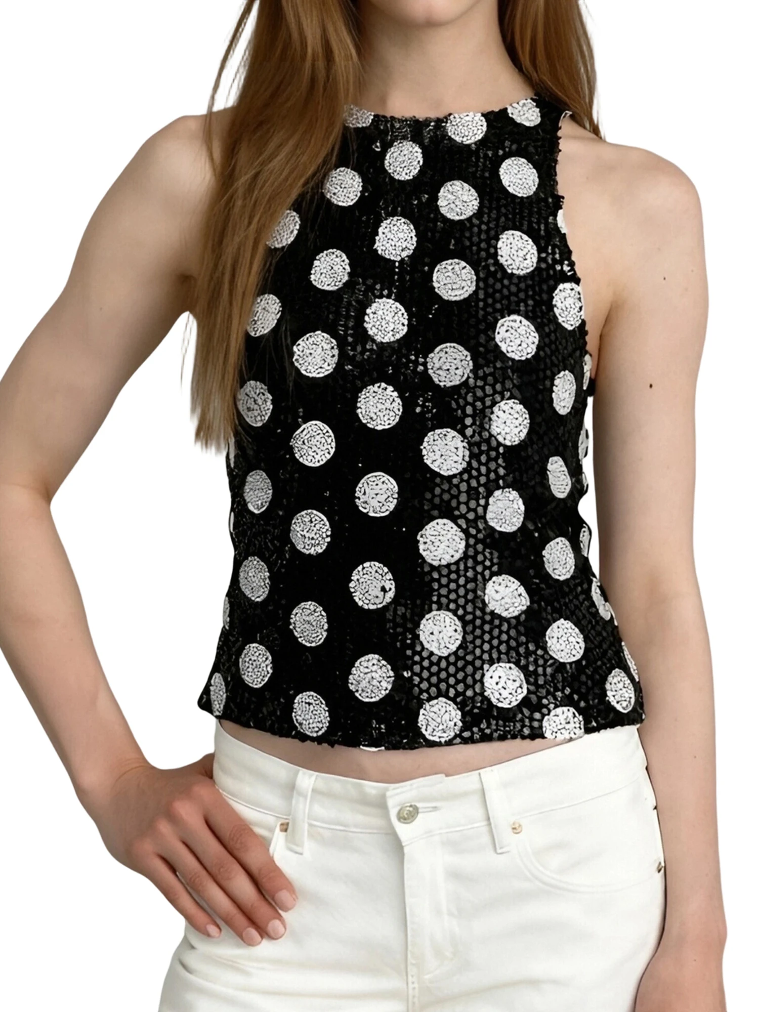 

Women Tank Tops Sleeveless Crew Neck Dot Sequin Decor Summer Going Out Vest Shirts