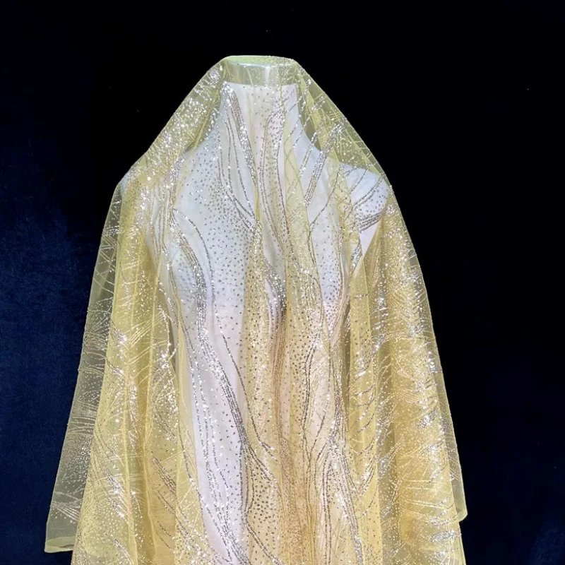 New champagne gold and silver water ripple wave tulle with gold stamping, sequin wedding mesh performance fabric