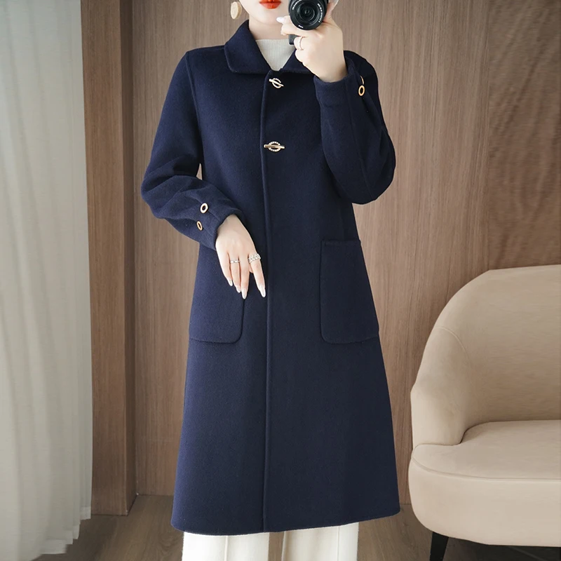 Manteau Long en laine Pure 100% pour femme, ample, Double face, décontracté, grande poche, couleur unie, vêtements pour femmes, automne et hiver