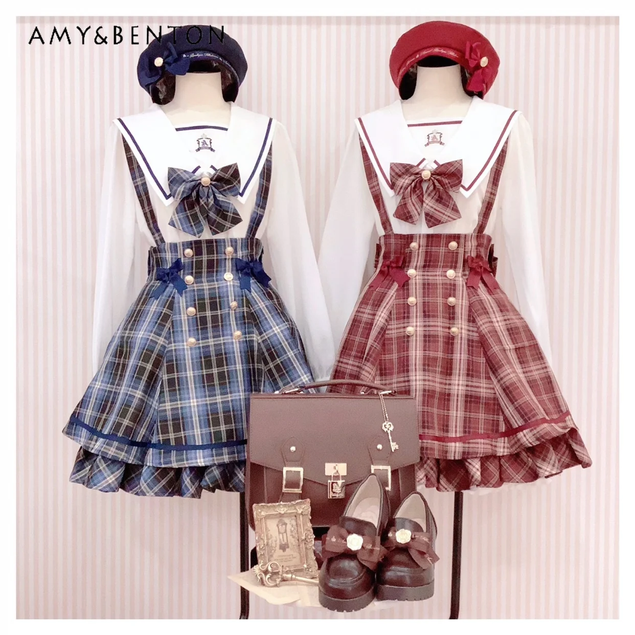 

Japanese Preppy Style Classic Navy Collar Bow Cartoon Embroidery Long Sleeve Shirt Plaid Slim Strap Skirt Two-piece Set Women