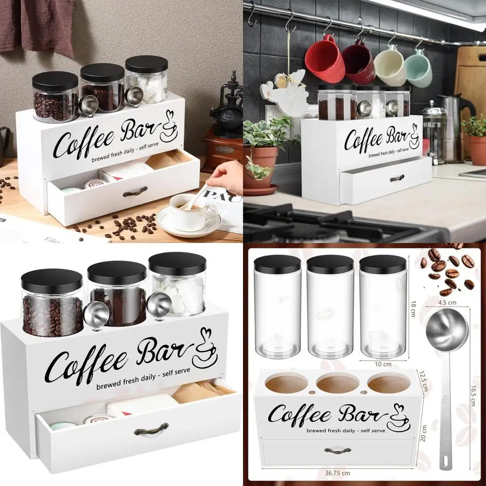 

3-Piece Plastic Coffee Canister Set with Shelf and Spoon, Airtight Storage for Coffee Beans and Food (White)