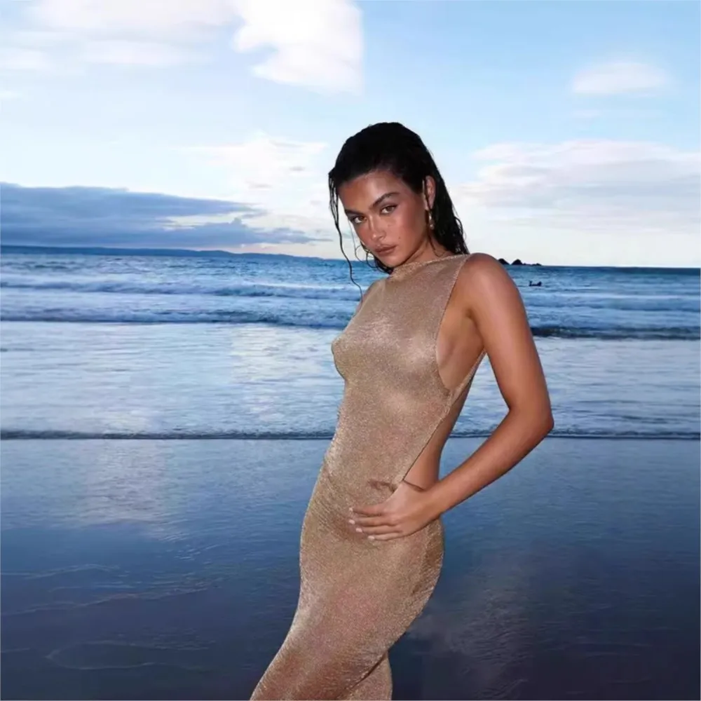

2026 Slit Dresses For Ladies Dress Woman Vestidos Sexy See Through Vacation Holiday Backless Sleeveless Solid Color Slim Beach