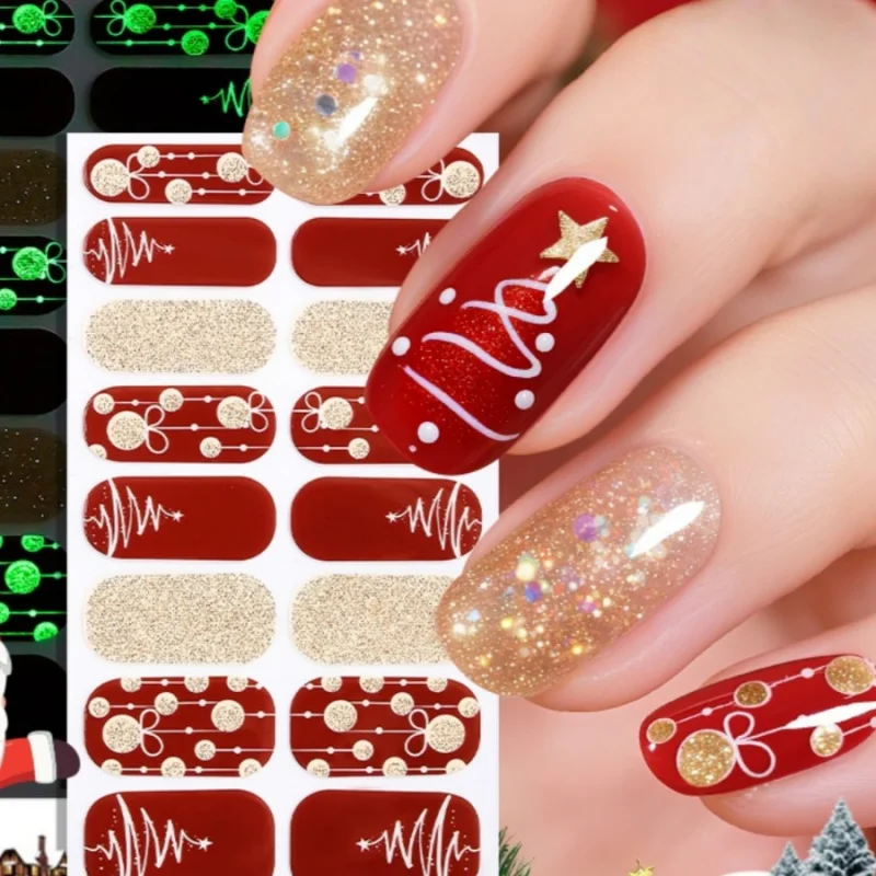 16pcs/pack Christmas Nail Art Stickers Red Gold Simple Disposable Nail Polish Film Nail Stickers Party Nail Decoration Stickers